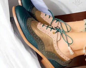 Handmade Women’s Oxford Wingtip Lace-Up Dress Shoes Luxury Pure Calf Leather Brogue Formal Footwear | Handcrafted Goodyear Welted Custom Fit