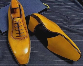 Handmade men yellow leather, formal dress leather shoes for mens