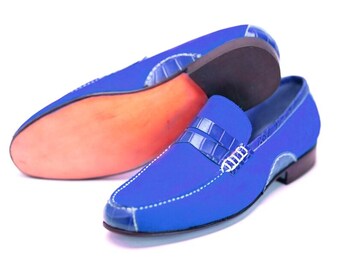 Mocasines azules de ante auténtico hechos a mano para hombre, ideales para fiestas y ocasiones formales. Un regalo perfecto para él.