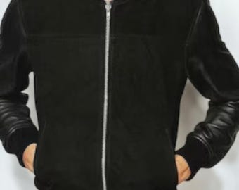 Handmade Men's Black Suede & Leather Sleeve Biker Jacket, Motorcycle Fashion Jacket, Stylish Moto Outerwear, Rock Style