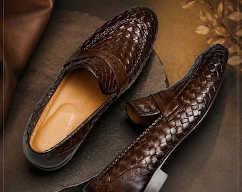 Men's Handmade Leather Chatai Shoes, Woven Slip On Loafers, Breathable Summer Footwear, Casual Leather Shoes, Traditional Handmade Shoes