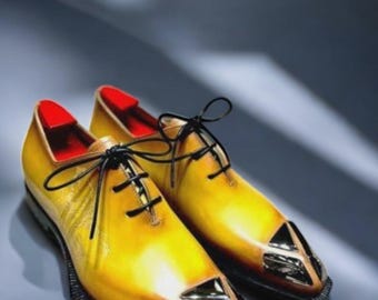 Handmade yellow leather, men real leather wholecut shoes