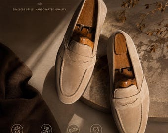 Handmade men beige suede moccasin shoes, formal slip on shoes for mens office
