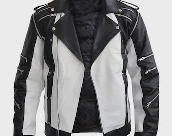 Handmade Men's Black & White Leather Thriller Jacket, Zipper Motorcycle Biker Jacket, Multi-Pocket Fashion Outerwear