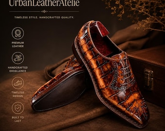Handmade Men Shaded Tan Brown Crocodile Leather Lace Up Dress Shoes, Office Shoe