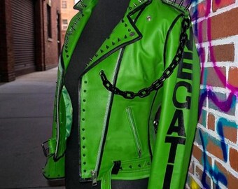 Green Studded Leather Jacket | Women’s Gothic Punk Biker Jacket | Edgy Studded Outerwear | Rocker Style Motorcycle Coat