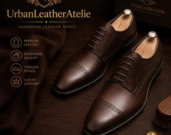 Handmade Men's Dark Brown Leather Derby Brogue Shoes, Lace Up Dress Shoes, Formal Party Wear Footwear, Classic Business Office Shoes