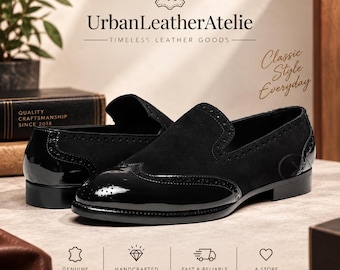 Handmade Men's Black Leather Suede Wingtip Brogue Loafers, Slip On Dress Shoes, Formal Office Business Footwear