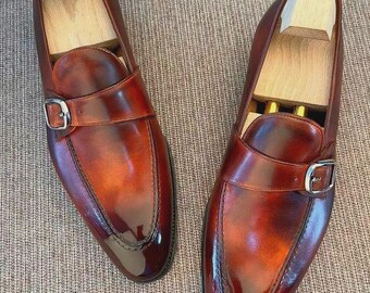 Handmade men brown shaded leather, men formal dress shoes.
