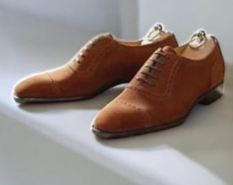 Handmade Brown Brogue Lace Up Suede Office Shoes, Dress Shoes..