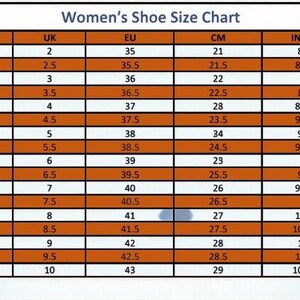 K&ouml;nnte beinhalten: Eine Damenschuhgr&ouml;&szlig;entabelle mit US-, UK-, EU-, CM- und Zoll-Ma&szlig;en. Die Tabelle umfasst Gr&ouml;&szlig;en von US 4 (21 cm) bis US 12 (29 cm), mit entsprechenden UK-, EU- und Zoll-Gr&ouml;&szlig;en.