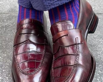 Mocassino da uomo in coccodrillo marrone bordeaux fatto a mano, scarpe eleganti da uomo in pelle