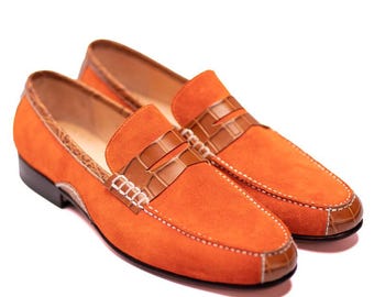 Handmade Suede Leather Orange Moccasin Slip On Loafer Shoes For Men, Party Dress Shoes For Men, Slip On Moccasin Shoes, Gift For Him