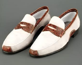 Handmade Men’s White Suede Loafers, Slip On Moccasin Dress Shoes, Formal Wedding Shoes, Classic Oxford Style Footwear