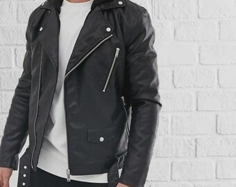 Handmade Men's Black Belted Racer Leather Jacket, Slim Fit Motorcycle Jacket, Stylish Office Fashion Outerwear, Classic Moto Jacket