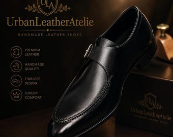 Handmade Men's Black Leather Single Monk Strap Shoes, Buckle Dress Shoes, Formal Office Business Footwear, Elegant Men's Shoes