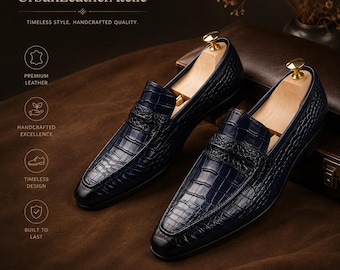 Handmade men blue crocodile leather shoes, formal dress shoes for mens