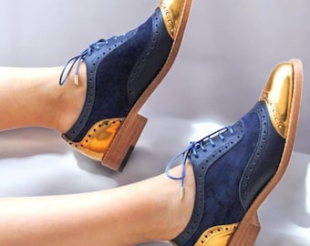 Women’s Gold Patent Blue Suede Oxford Shoes, Handmade Leather Wingtip Brogues, Unique Statement Dress Shoes, Derby Formal Oxfords