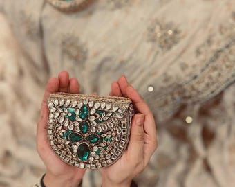 Green Mini Mehndi Treasure Kundan Bridal Clutch – Wedding Handbag, Indian Party Purse, Ethnic Evening Bag, Designer Kundan Bag