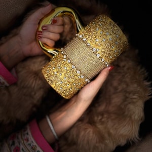 Kundan Gold Bridal Clutch, Handmade Embellished Wedding Purse, Crystal Beaded Evening Handbag, Indian Pakistani Party Bag
