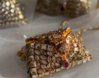The Micro Mini Kundan Clutch Bag – Elegant Indian Wedding Evening Bag, Handcrafted Bridal Purse, Party Clutch, Designer Kundan Bag