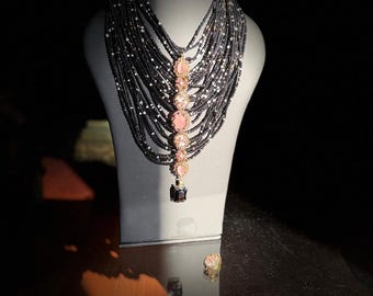 Black Regalia Set Beaded Necklace Set, Handmade Statement Jewelry, Elegant Bridal Party Wedding Gift for Women