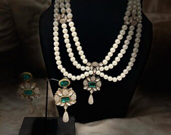 Bridal “Signature Lux Emerald Set” Pearl Beaded Necklace Mala Set, Handmade Statement Jewelry, Wedding & Party Gift