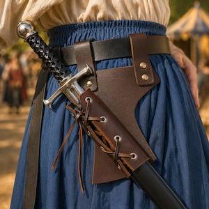 May include: A sword with a braided black handle and a silver pommel, held in a dark brown leather scabbard with metal eyelets and leather lacing. The scabbard is attached to a black leather belt worn over a blue skirt and a cream-coloured top.