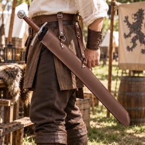 May include: A brown leather sword scabbard with a metal pommel and grip, secured to a brown leather belt and harness system. The scabbard features silver-toned metal rivets and rings, holding a sword with a leather-wrapped handle and a rounded pommel.
