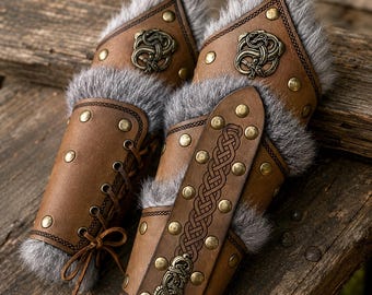 2pc Viking Fur Trim Bracers, Real Rabbit Fur Medieval Leather Arm Warmers, LARP Cosplay Gauntlets