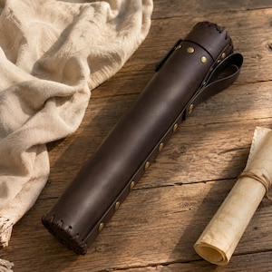 May include: A dark brown cylindrical leather case featuring a stitched seam, brass-colored metal rivets along the side, and an integrated leather strap handle. The case is constructed with a reinforced top cap and a sturdy base, providing a secure enclosure for rolled documents or similar items.