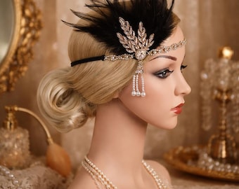 Vintage 1920s Flapper Stirnband Perlen Feder Strass Haarschmuck Elegante Roaring 20s Party Kopfbedeckung für Damen