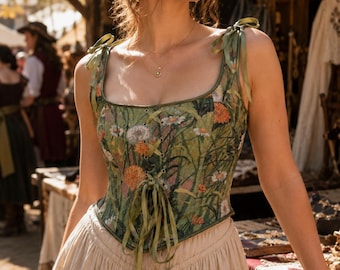 Grünes Blumen Jacquard Korsett Top, Verstellbarer Binderiemen Bustier, Cottagecore Fairycore Festival Hemdchen