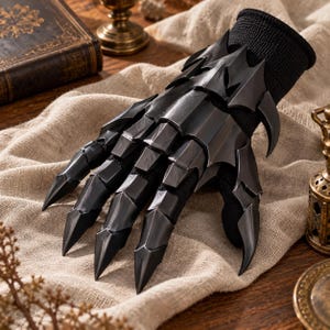 Könnte beinhalten: Ein schwarzer Handschuh mit beweglichen, geschichteten und spitz zulaufenden metallartigen Platten, die die Finger und den Handrücken bedecken. Die Basis des Handschuhs besteht aus schwarzem Stoff und reicht bis zum Handgelenk.