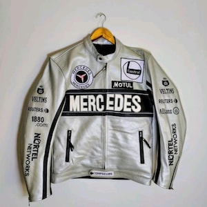 Vintage Mercedes F1 Racing Leather Jacket - Grey Motorsport Biker Style