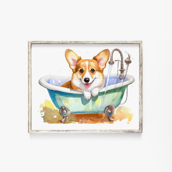 Corgi taking a bath decor, Corgi washroom painting, Watercolor Corgi art decor, Pembroke Welsh Corgi painting, bath tub bathing wall decor