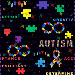 Op de afbeelding: Een zwarte achtergrond met kleurrijke puzzelstukjes, sterren en tekst. Het woord "AUTISME" is geschreven met kleurrijke puzzelstukjes. Andere woorden zijn "SUPPORT", "CREATIEF", "ACCEPTATIE", "VEERKRACHTIG" en "VASTBERADEN".