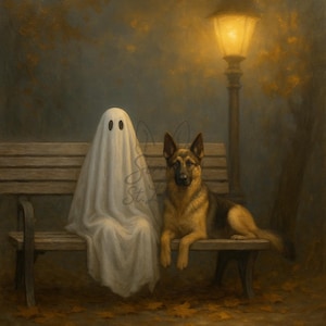 Schäferhund Halloween Kunst | Geist & Hund Herbst Bank Motiv | Stimmungsvoller Herbst digitaler Download | Halloween-Haustier-Dekor