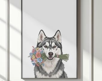 Husky Dog with Flowers Art Print, Floral Pet Poster (Digital Download)
