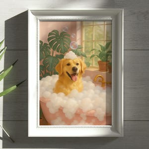 May include: A framed print of a golden retriever dog in a pink bathtub filled with bubbles. The dog has a bubble hat and is smiling. The background includes a window, plants, and a gold faucet.