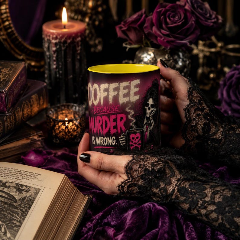 Mug humoristique « Café : Parce que le meurtre est mal », Mug à café humoristique et noir, Cadeau humoristique pour les amateurs de café, Mug à café original image 5