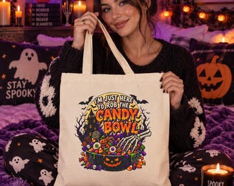 I'm Just Here to Rob the Candy Bowl Tote Bag | Halloween Trick-or-Treat Illustration