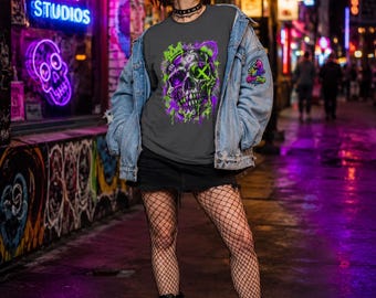 Neon Graffiti Skull Tee | Purple Green Drip Skull Shirt