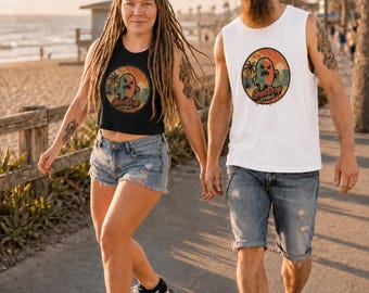 Spooky Beach Tank Top, Retro Ghost Muscle Shirt, Summerween Shirt, Halloween Vacation Tank, GhostDrop Studio Tee