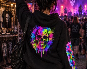 Neon Paint Skull Hoodie | Colorful Drip Skull Pullover