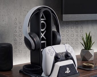 Soporte para mando DualSense de PS5 – Soporte de exhibición para videojuegos impreso en 3D en blanco y negro