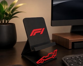 Soporte para teléfono impreso en 3D con diseño de coche de carreras – Base minimalista para smartphone con forma de coche de F1 – Accesorio de escritorio