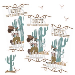 May include: Greeting cards featuring Mickey Mouse in a cowboy outfit, with a cactus and the text "HOWDY! YOU'VE BEEN PIXIE DUSTED!". The cards have a rope border and a space to write "FROM:" on a white background.