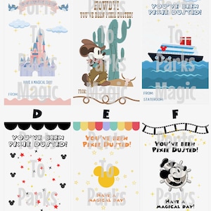 May include: Set of six colorful greeting cards with the text "You've Been Pixie Dusted!" and "Have a Magical Day!" featuring various Disney-themed designs. Designs include a castle, Mickey Mouse, a cruise ship, and Mickey Mouse silhouettes.