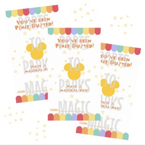 May include: Three white cards with colorful rainbow accents and the text "YOU'VE BEEN PIXIE DUSTED!" and "TO PARKS HAVE A MAGICAL DAY!". Each card features a yellow Mickey Mouse head and star accents.